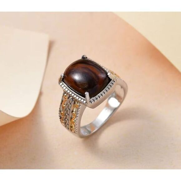 Coffee Obsidian 4ctw Solitaire Ring in 14K YG and Platinum Over Copper W Magnet - Picture 2 of 6